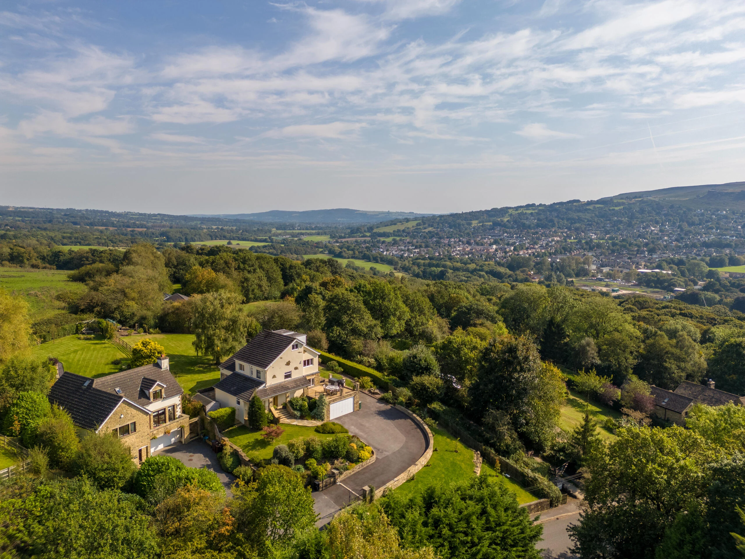 Architectural aerial view of Curly Hill residential property and surrounding landscape