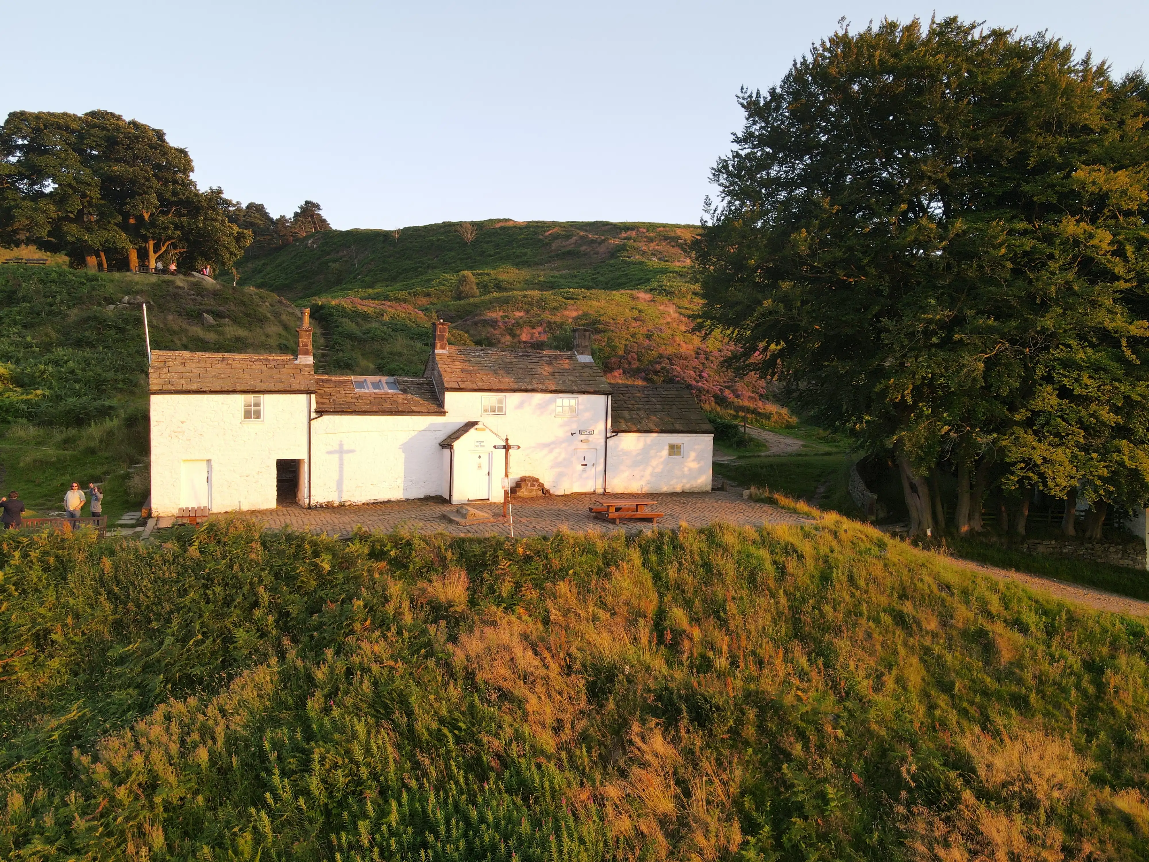 Aerial view of the historic White Wells bathhouse on the hills of Ilkley Moor